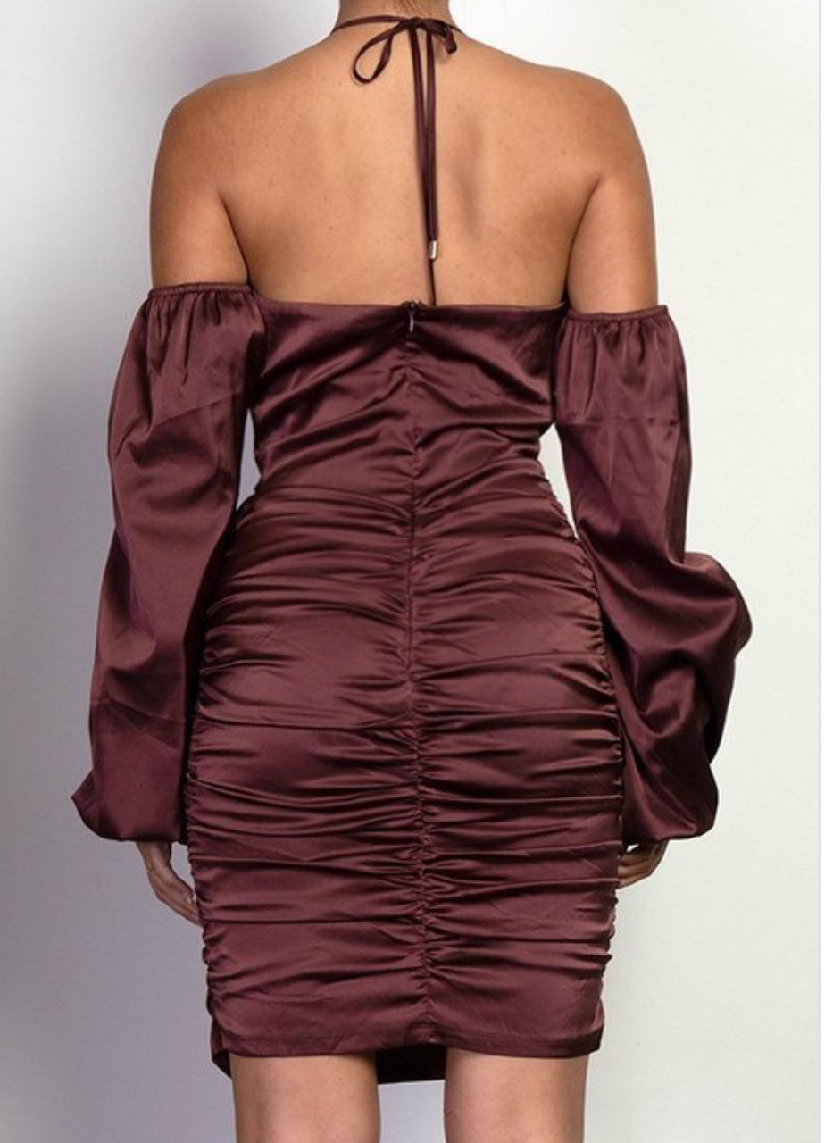 Off Shoulder Ruched Chocolate Dress