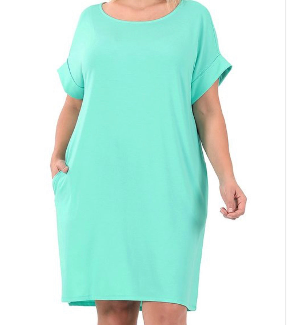 Plus Size Rolled Sleeve dress with pockets