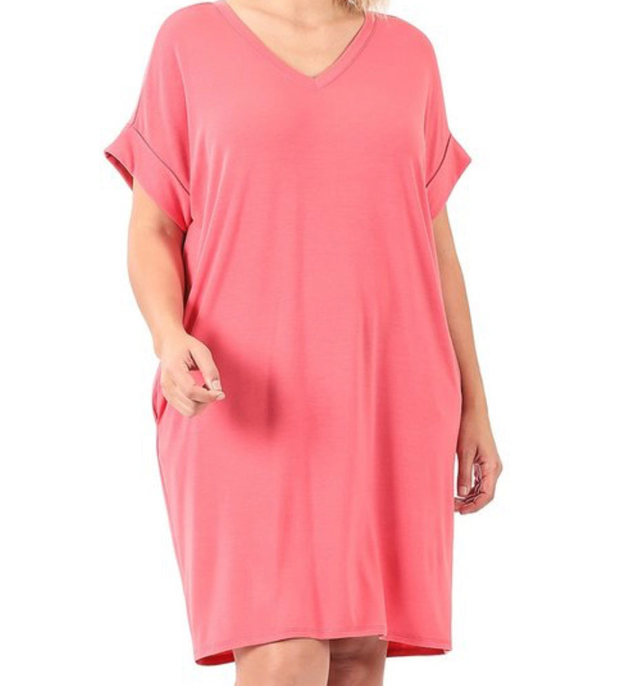 Plus Size Rolled Sleeve dress with pockets