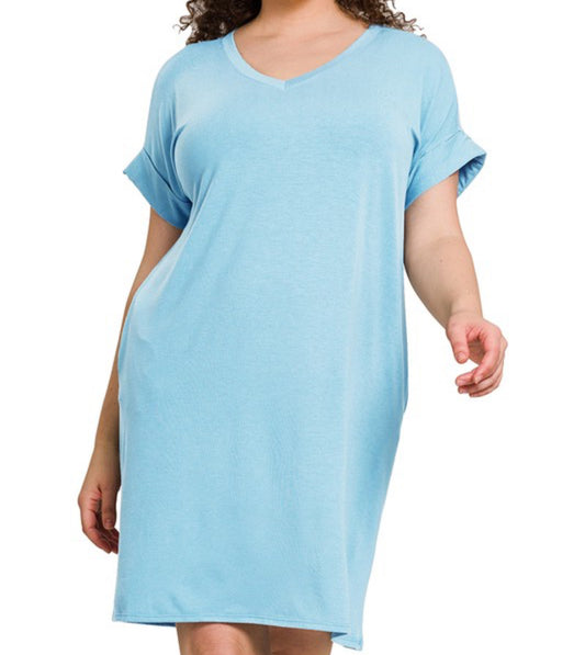 Blue Grey Plus Rolled Sleeve Dress