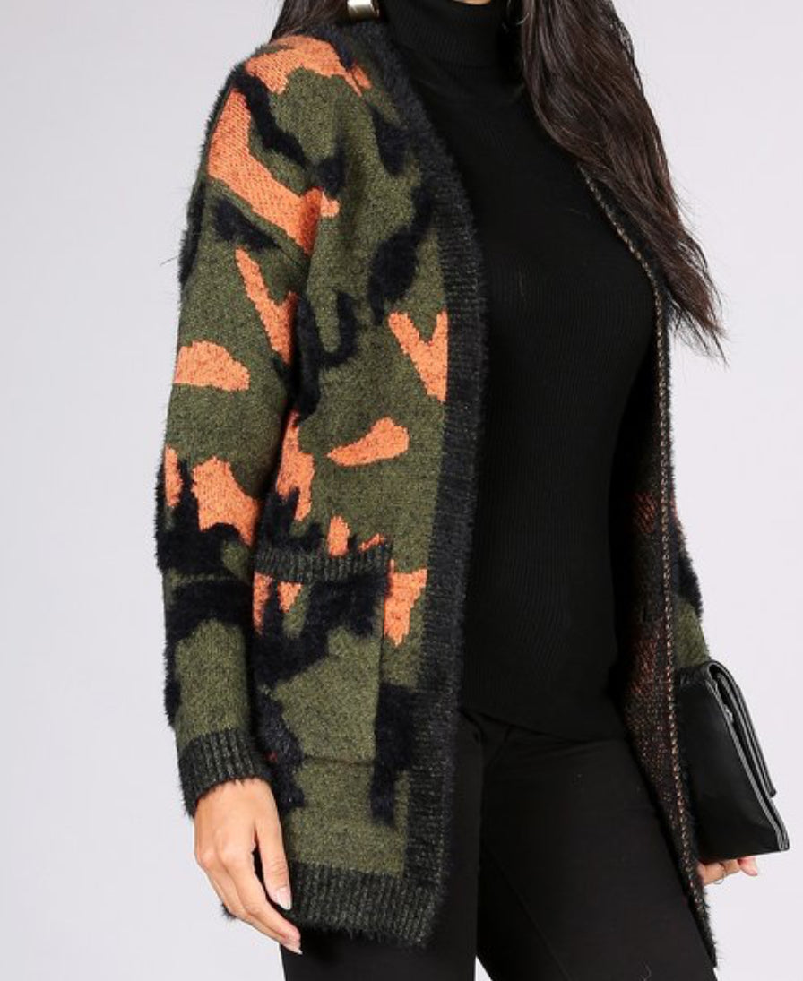 Camo print knit open cardigan