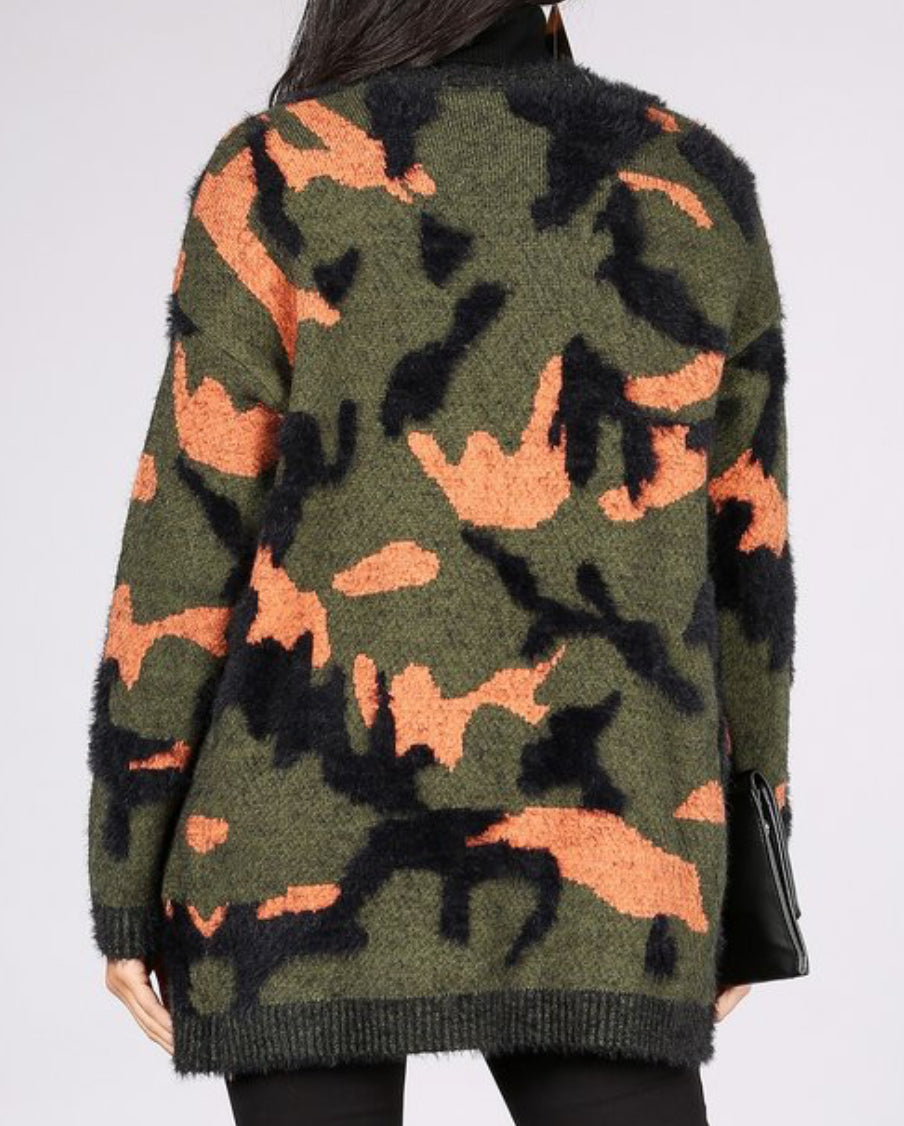 Camo print knit open cardigan