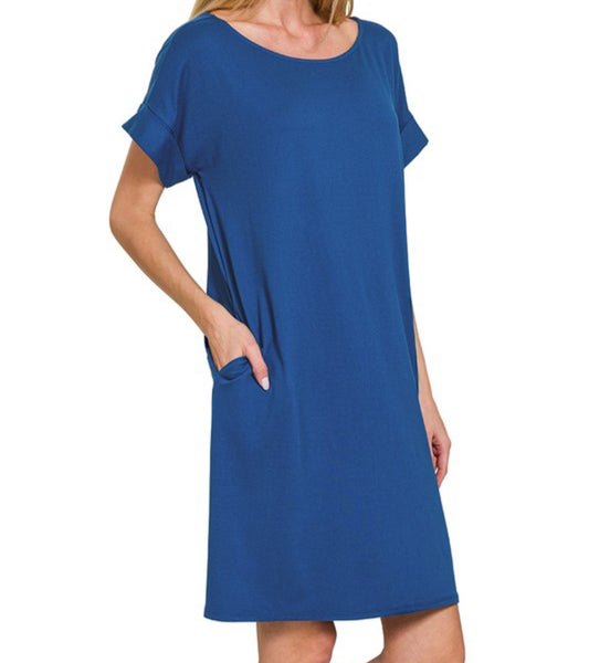 Navy Rolled Sleeve Dress