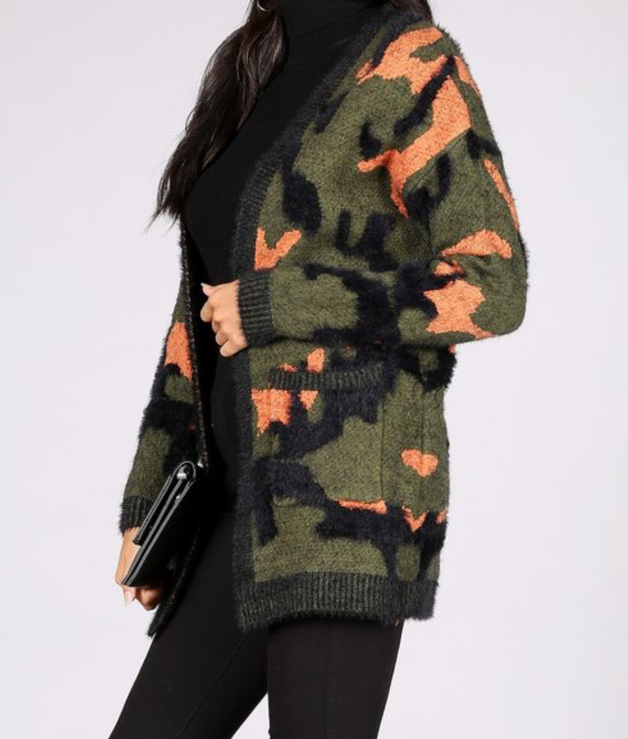 Camo print knit open cardigan