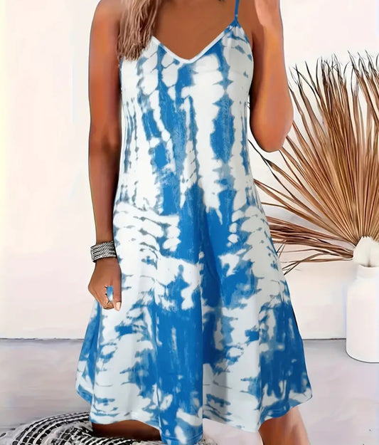 Blue Tie-Dye Sleeveless Maxi Dress